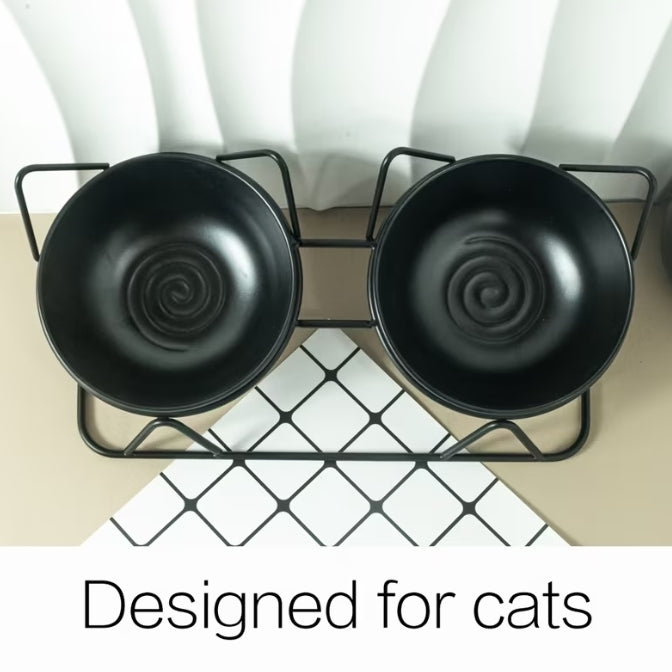 Black Thread Double Cat Bowl