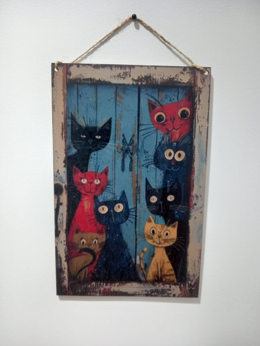Vintage Style Cat Wooden Wall Decoration 8 Cats Peeking