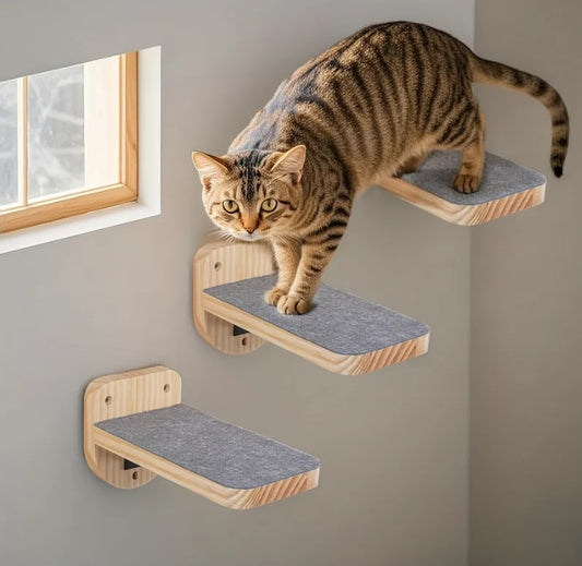 3 pcs Wooden Cat Wall Mounted Floating Steps Ladder