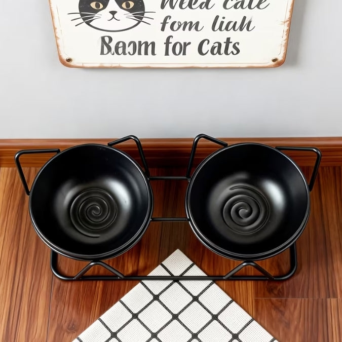 Black Thread Double Cat Bowl