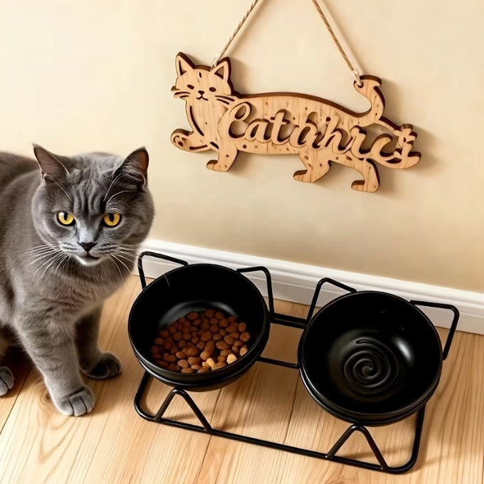 Black Thread Double Cat Bowl