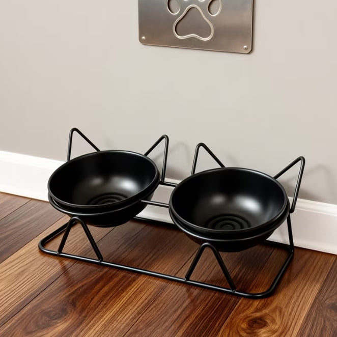 Black Thread Double Cat Bowl