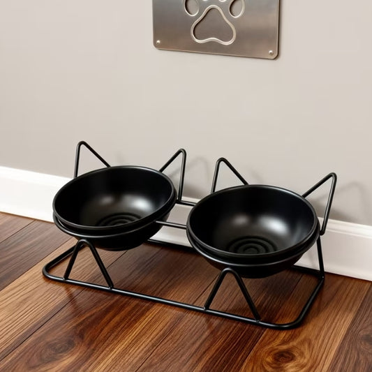 Black Thread Double Cat Bowl
