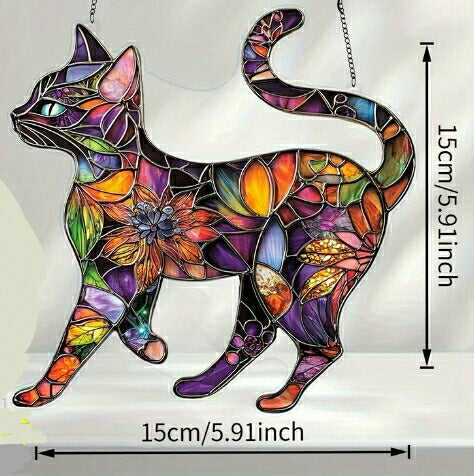 Vibrant Stained Glass Style Cat Crystal Sun Catcher