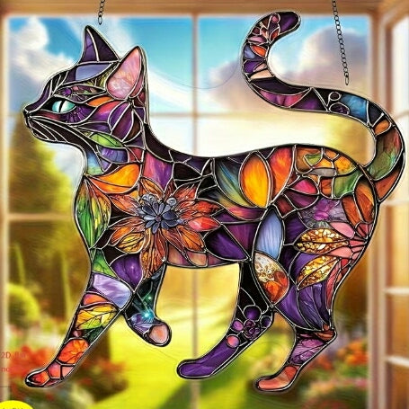 Vibrant Stained Glass Style Cat Crystal Sun Catcher